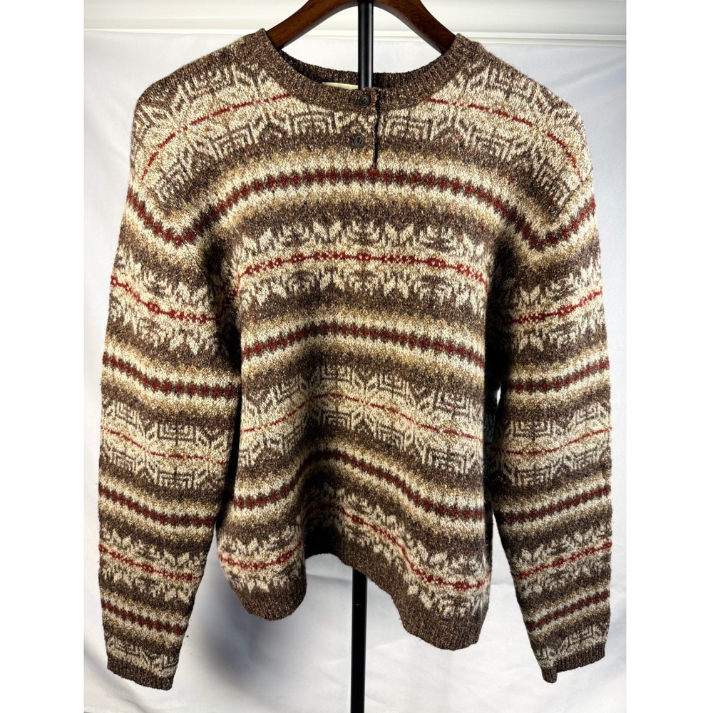 Eddie Bauer Womens Large Wool Silk Fair Isle Henley Sweater Brown Cottagecore